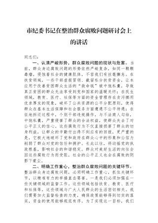 市纪委书记在整治群众腐败问题研讨会上的讲话