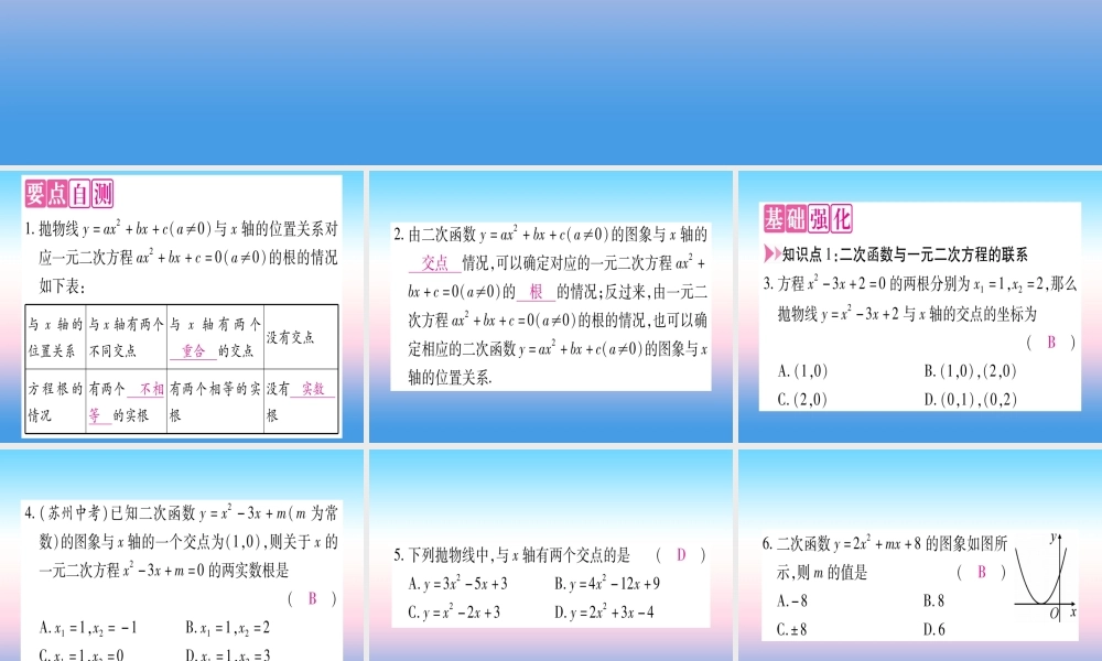 九年级数学下册 第1章 二次函数 14 二次函数与一元二次方程的联系作业课件 (新版)湘教版 课件