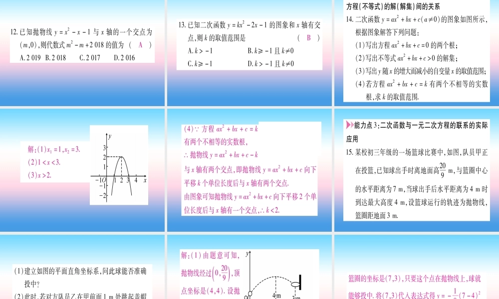 九年级数学下册 第1章 二次函数 14 二次函数与一元二次方程的联系作业课件 (新版)湘教版 课件