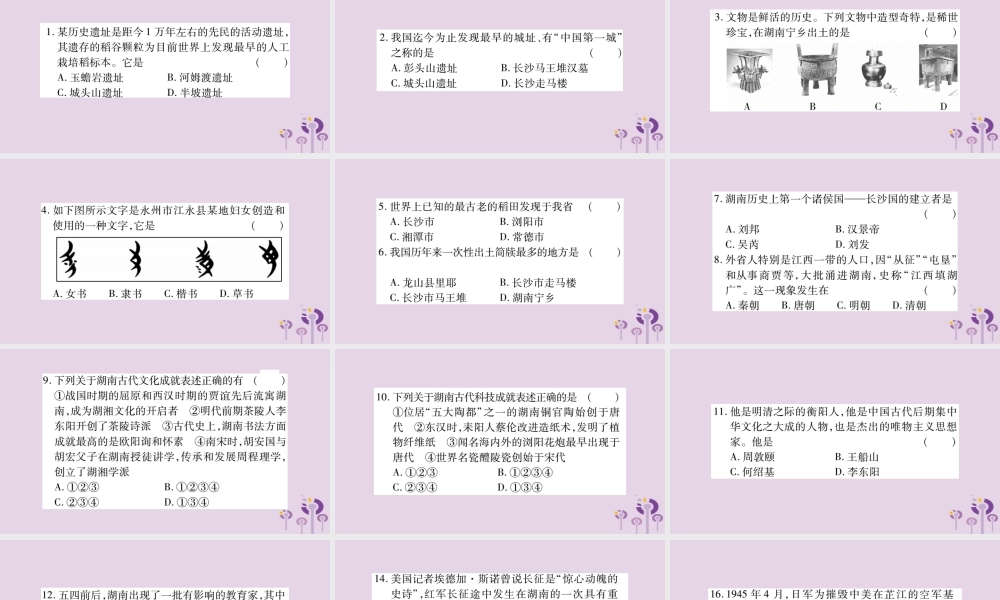 中考历史复习 第一篇 教材系统复习 第5板块 湖南地方文化常识(习题)课件