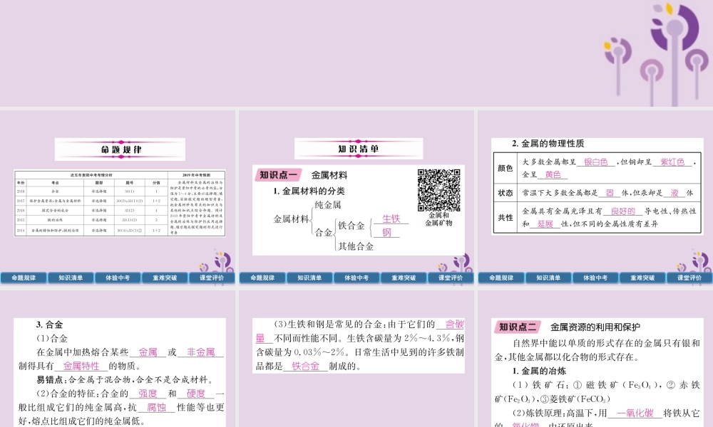 中考化学总复习 第1编 主题复习 模块1 身边的化学物质 课时5 金属材料 金属资源的利用和保护(精讲)课件