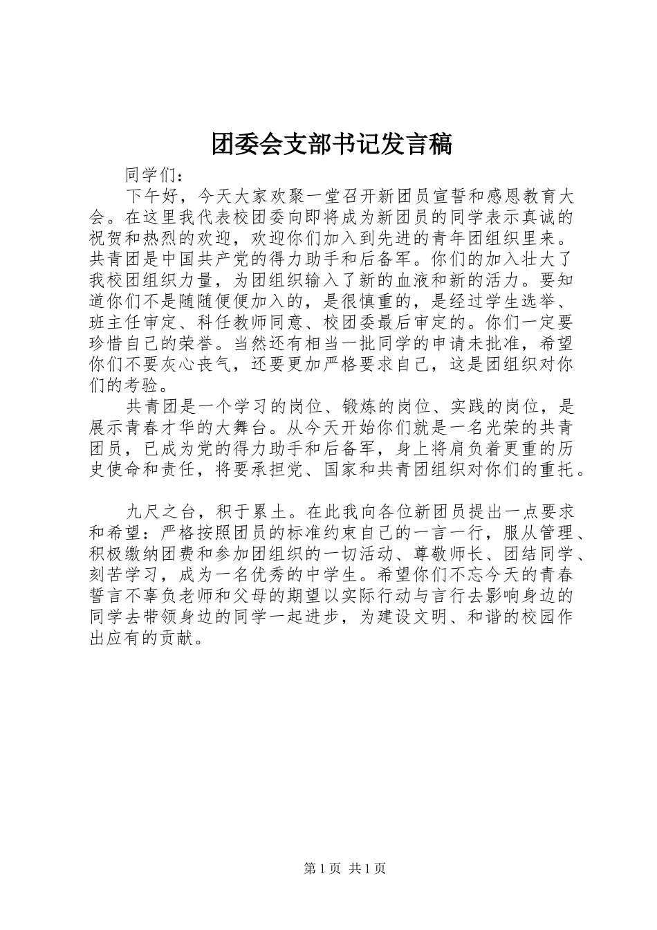 团委会支部书记发言稿_第1页