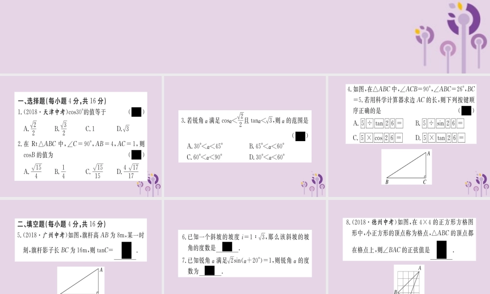 九年级数学下册 综合滚动练习 锐角三角函数的有关计算习题讲评课件 (新版)北师大版 课件