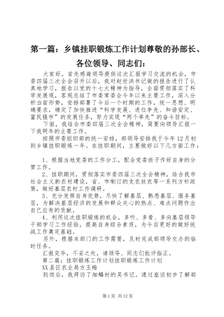 第一篇：乡镇挂职锻炼工作计划尊敬的孙部长、各位领导、同志们：