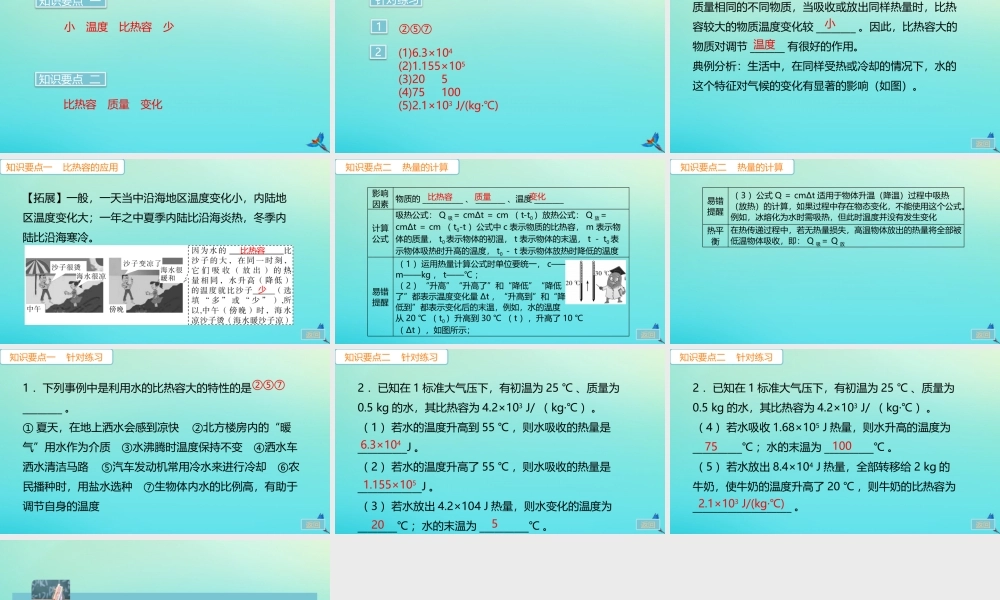 九年级物理全册 第13章 内能 第3节 比热容 第2课时 比热容的应用和热量的计算(小册子)习题讲评课件 (新版)新人教版 课件