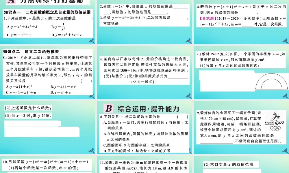 九年级数学上册 第21章 二次函数与反比例函数 211 二次函数作业课件 (新版)沪科版 课件