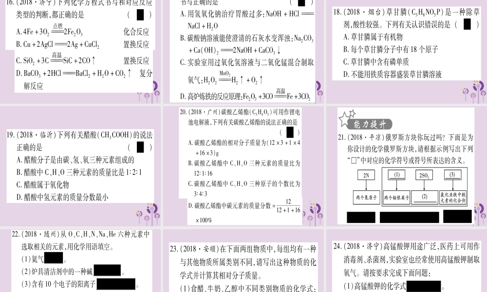 中考化学复习 第一部分 基础知识 第二单元 化学基本概念和原理 第12讲 化学用语(含化学式的计算)(精练)课件