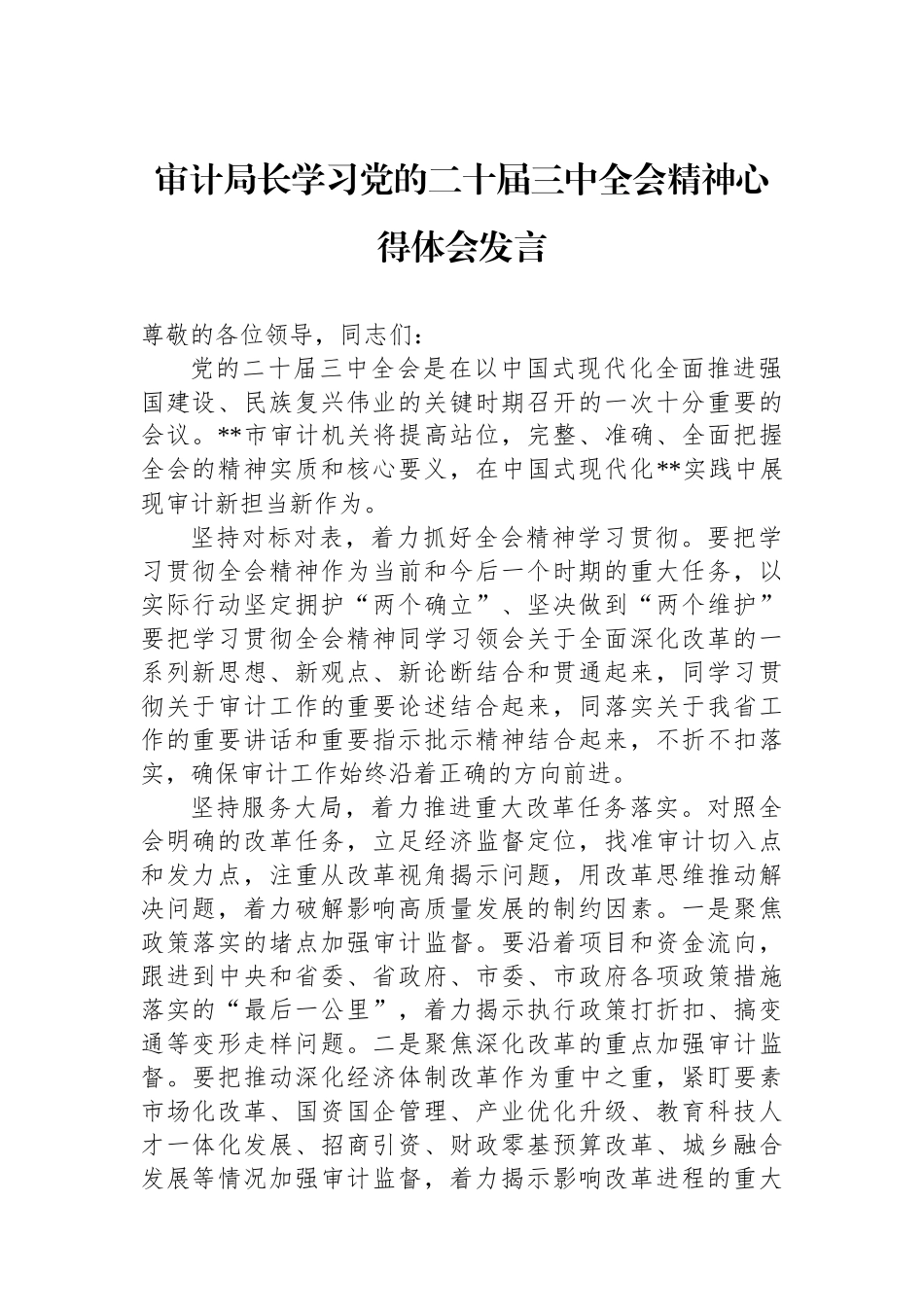 审计局长学习党的二十届三中全会精神心得体会发言_第1页