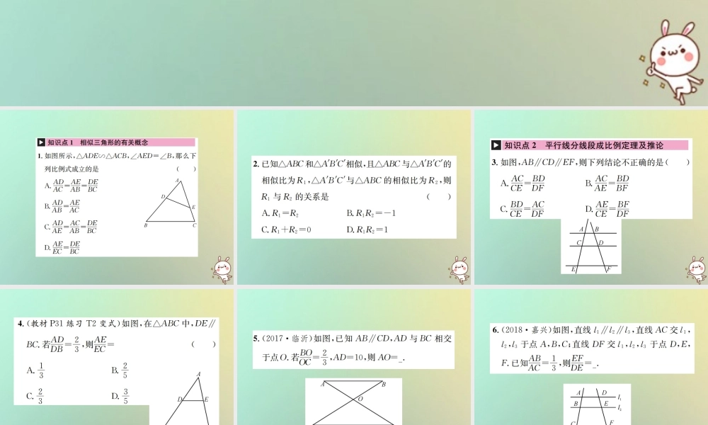 九年级数学下册 第二十七章 相似 272 相似三角形 2721 第1课时 平行线分线段成比例习题课件 (新版)新人教版 课件