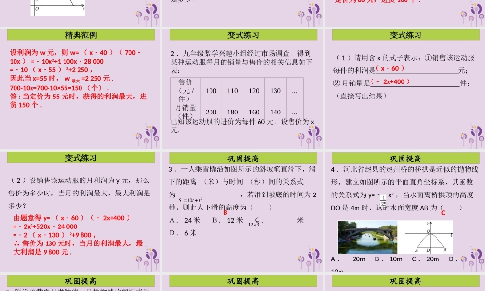 九年级数学上册 第二十二章 二次函数 第10课时 实际问题与二次函数(2)(课堂导练)习题课件 (新版)新人教版 课件