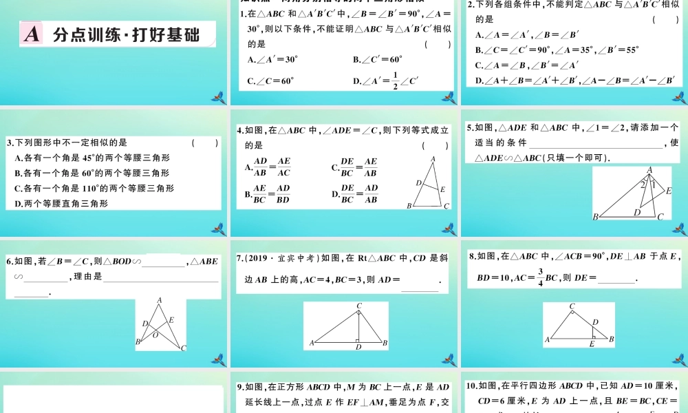 九年级数学上册 第22章 相似形 222 相似三角形的判定 第2课时 相似三角形的判定定理1作业课件 (新版)沪科版 课件