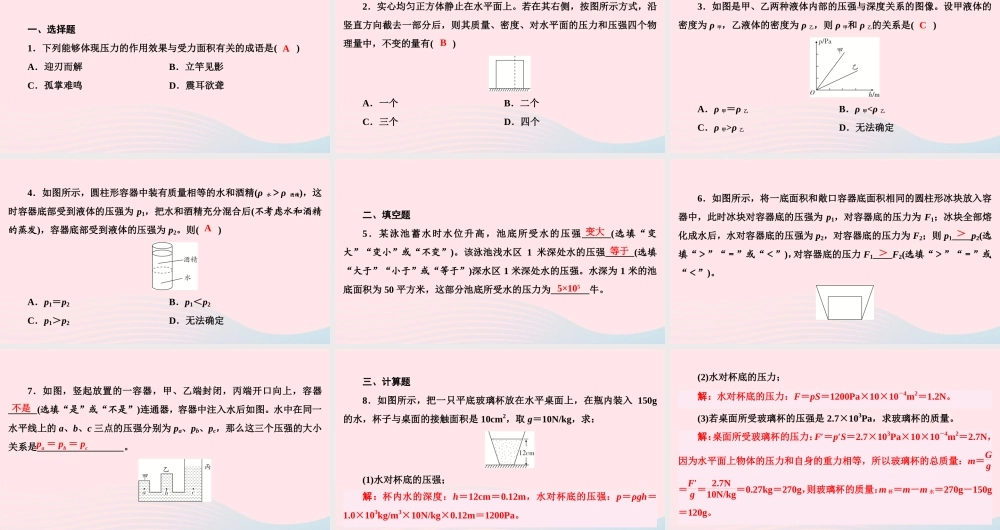 八年级物理下册 第9章 压强滚动训练三(第1、2节)课件 (新版)新人教版 课件