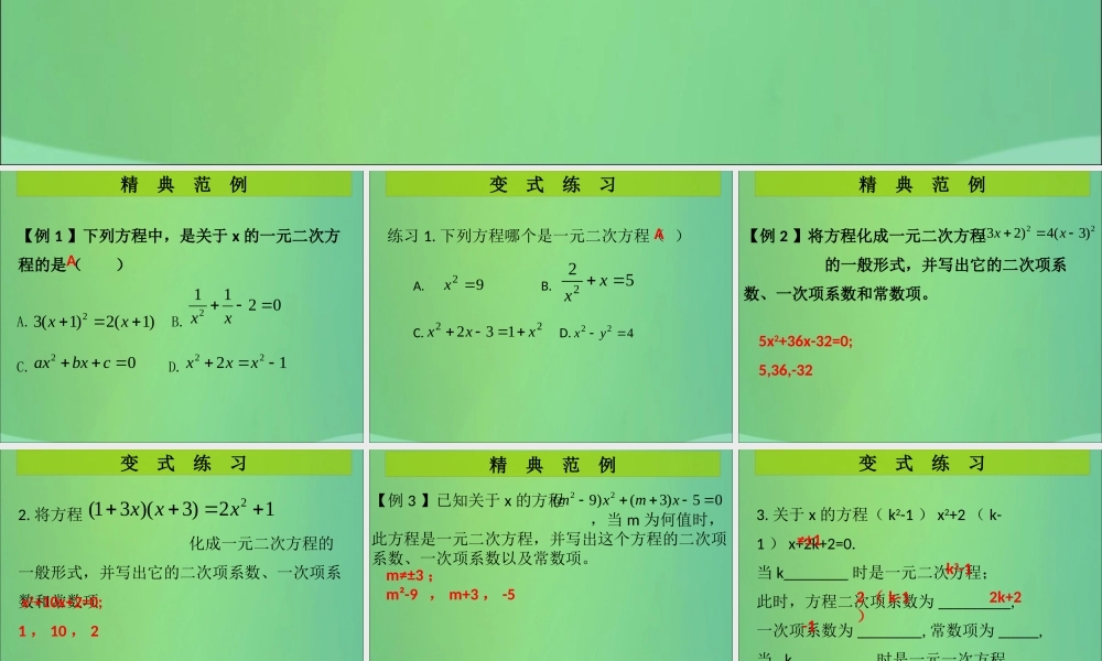 九年级数学上册 第2章 一元二次方程 第1课时 认识一元二次方程(1)(课堂导练)习题课件 (新版)北师大版 课件