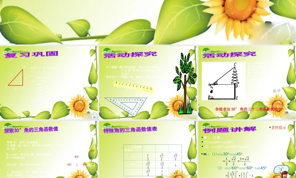 九年级数学下册：1230°，45°，60°角的三角函数值课件(北师大版) 课件