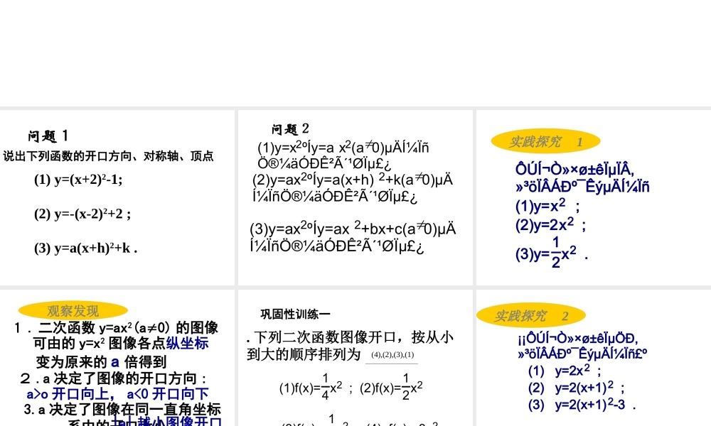 数学：222(二次函数的性质与图象)课件 (新人教B版必修1) 高一数学： 2.2一次函数和二次函数(课件) 新课标人教B版必修1