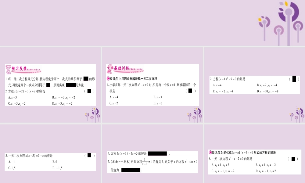 九年级数学上册 第2章 一元二次方程 22 一元二次方程的解法 223 因式分解法作业课件 (新版)湘教版 课件