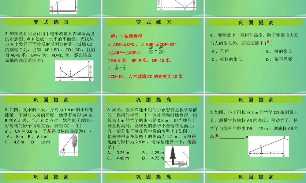九年级数学上册 第4章 图形的相似 第10课时 利用相似三角形测高(课堂导练)习题课件 (新版)北师大版 课件