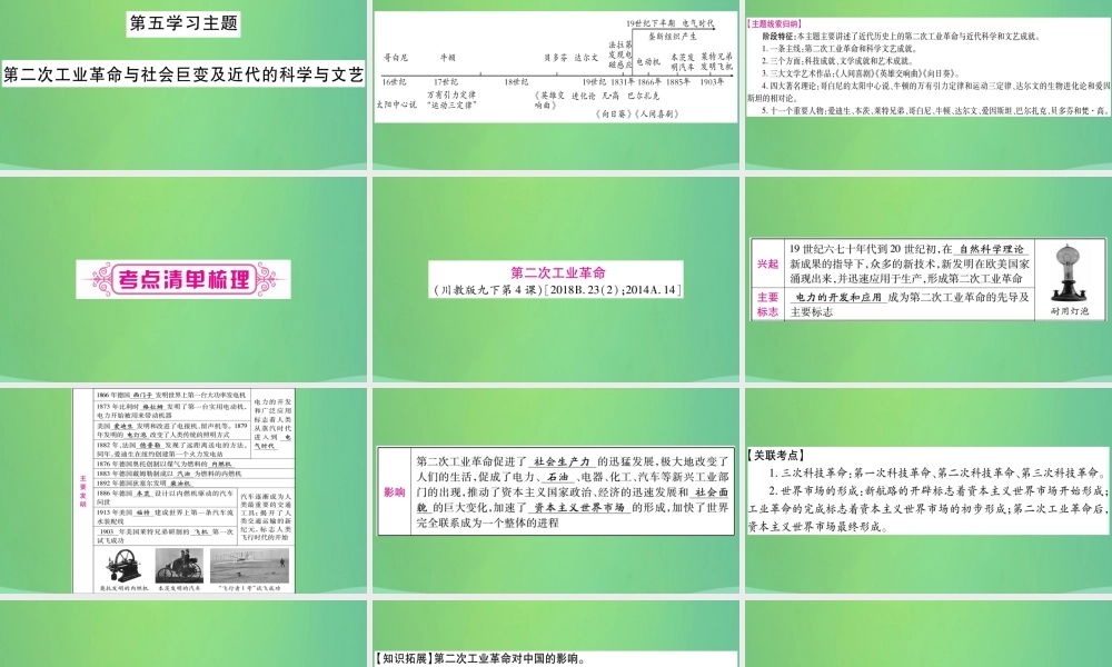 中考历史复习 第一篇 教材系统复习 4 世界古、近代史 第五学习主题 第二次工业革命与社会巨变及近代的科学与文艺讲解课件