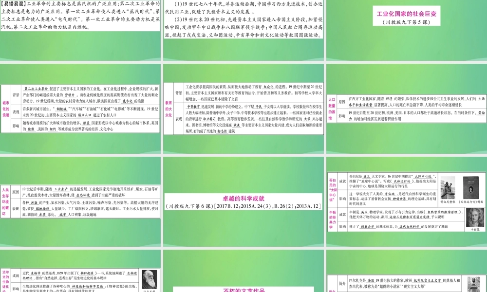 中考历史复习 第一篇 教材系统复习 4 世界古、近代史 第五学习主题 第二次工业革命与社会巨变及近代的科学与文艺讲解课件