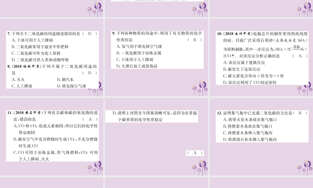 中考化学总复习 第1编 主题复习 模块1 身边的化学物质 课时2 碳和碳的氧化物(精练)课件