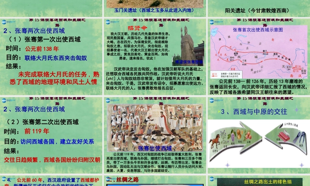 中学七年级历史上册 第15课 汉通西域和丝绸之路课件 (新版)新人教版 课件