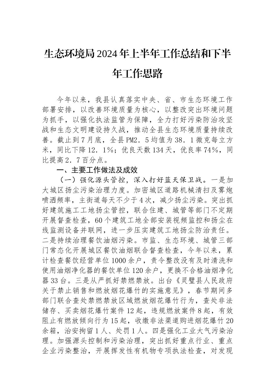 生态环境局2024年上半年工作总结和下半年工作思路_第1页