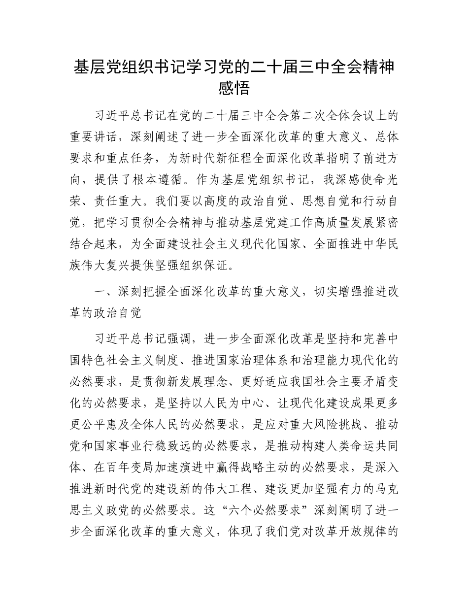 基层党组织书记学习党的二十届三中全会精神感悟_第1页