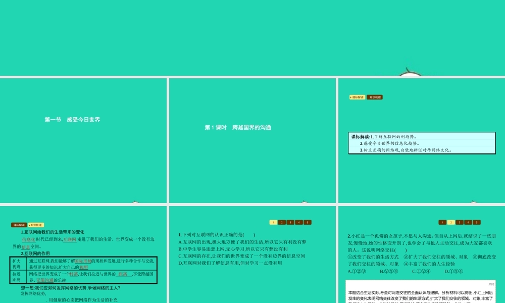 九年级政治全册 第一单元 世界在我心中 第一节 感受今日世界 第1框 跨越国界的沟通课件 湘教版 课件
