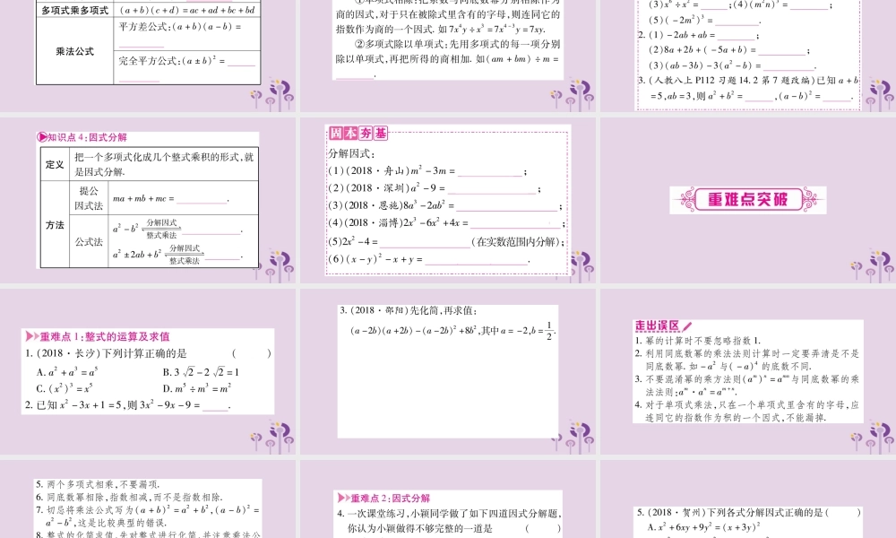 中考数学复习 第一轮 考点系统复习 第1章 数与式 第2节 整式与因式分解导学课件
