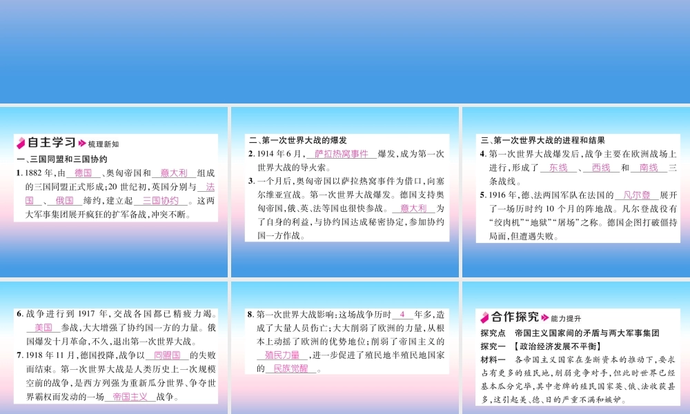 九年级历史下册 第3单元 第一次世界大战和战后初期的世界 第8课 第一次世界大战自主学习课件 新人教版 课件