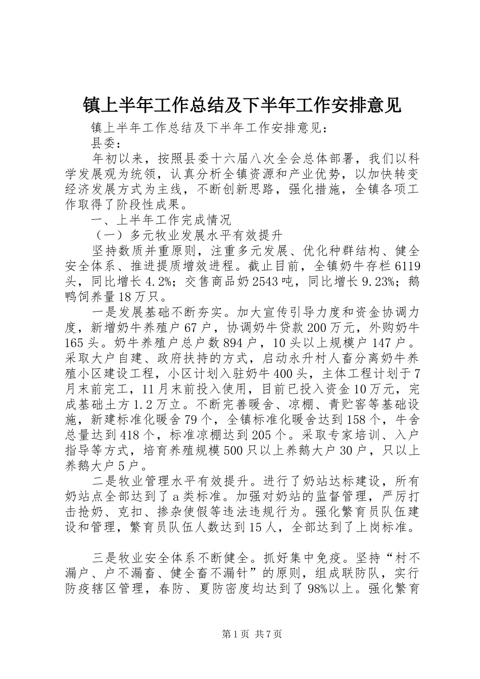 镇上半年工作总结及下半年工作安排意见_1_第1页