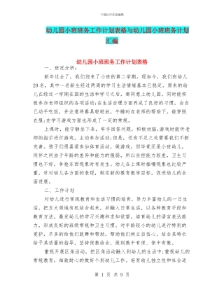 幼儿园小班班务工作计划表格与幼儿园小班班务计划汇编