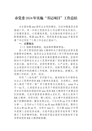 市党委2024年实施“书记项目”工作总结