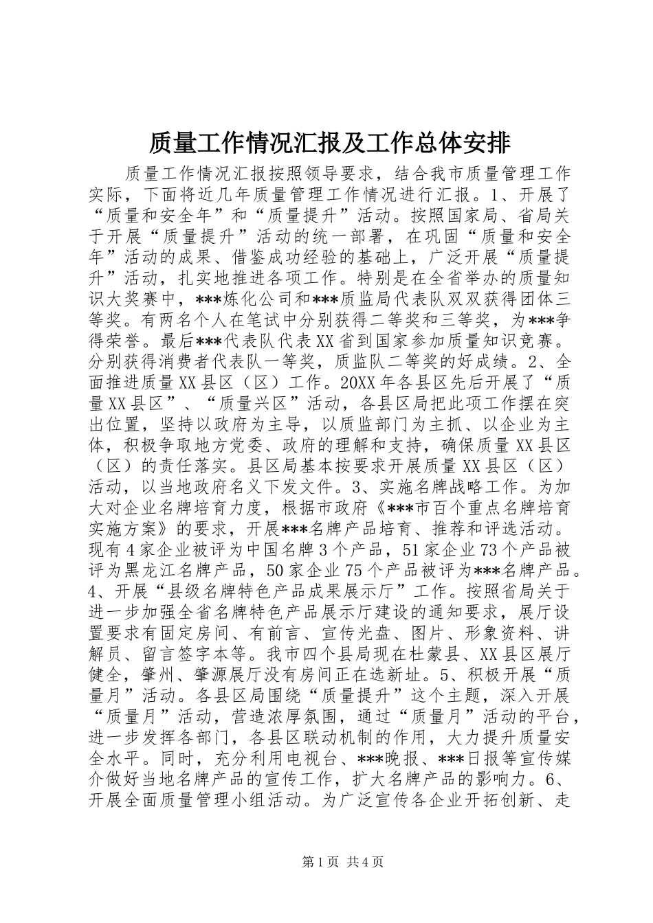 质量工作情况汇报及工作总体安排_第1页