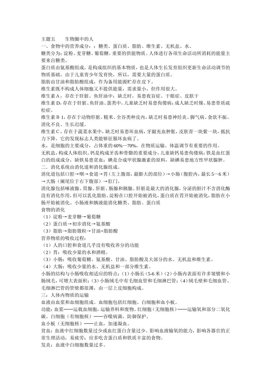 初中生物八年级会考复习提纲主题五生物圈中的人_第1页