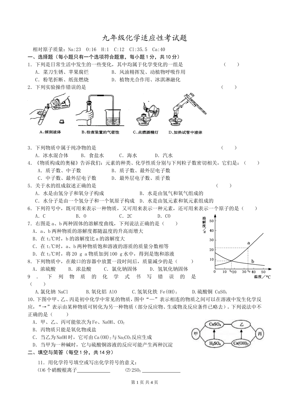 化学适应性考试题_第1页