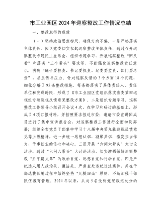 市工业园区2024年巡察整改工作情况总结
