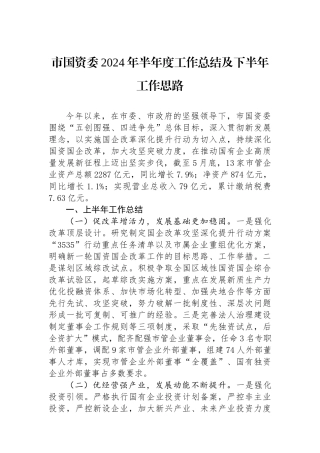 市国资委2024年半年度工作总结及下半年工作思路