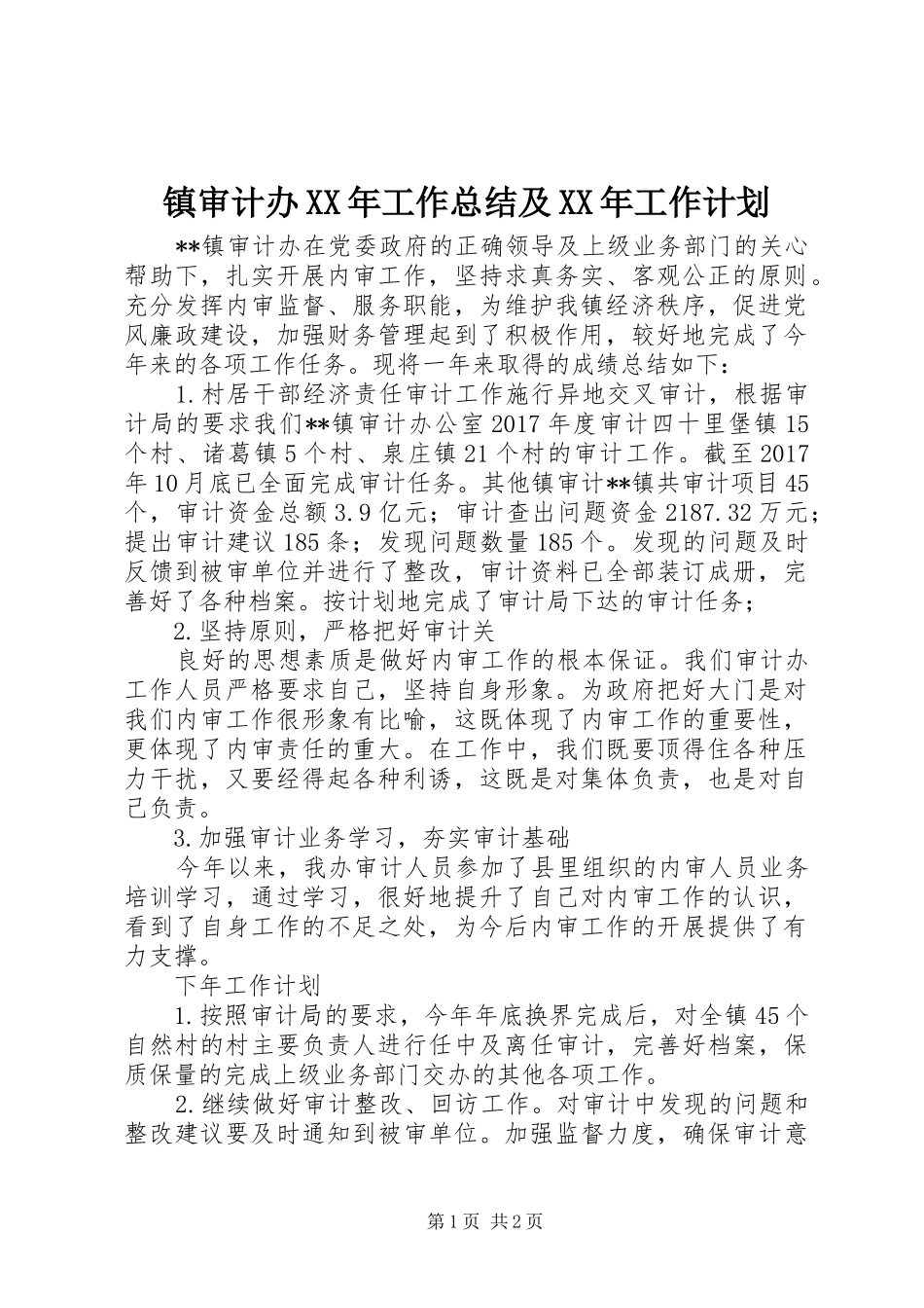 镇审计办XX年工作总结及XX年工作计划_第1页