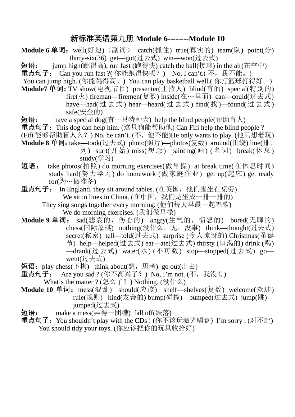 新标准英语第九册_Module_6-10知识点整理_第1页