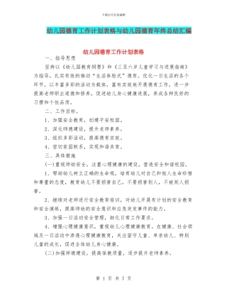 幼儿园德育工作计划表格与幼儿园德育年终总结汇编