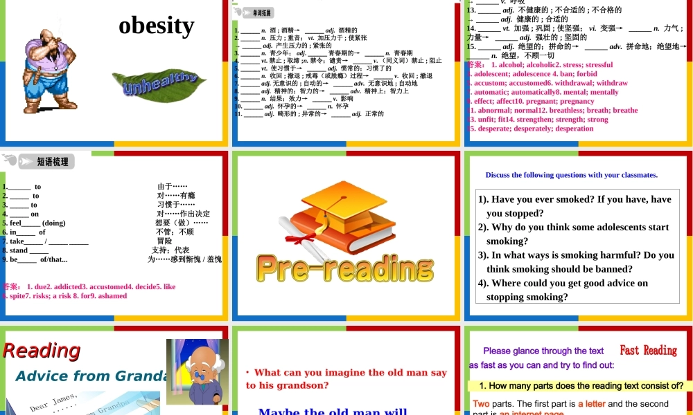 【参赛课件】英语：Unit3_A_healthy_life_warming_up_&_Reading_Advice_From_GranDad(新人教版选修6)