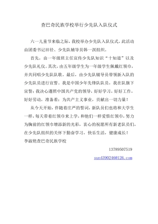 查巴奇民族学校举办少先队入队仪式