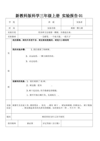 教科版三年级上册科学实验报告单