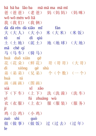 人教版小学一年级上册带拼音生字表组词(生字表一)