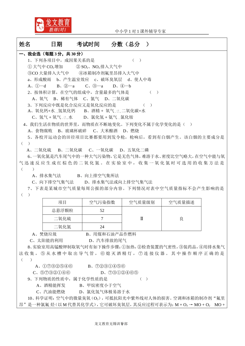 初三化学试卷模板_第1页