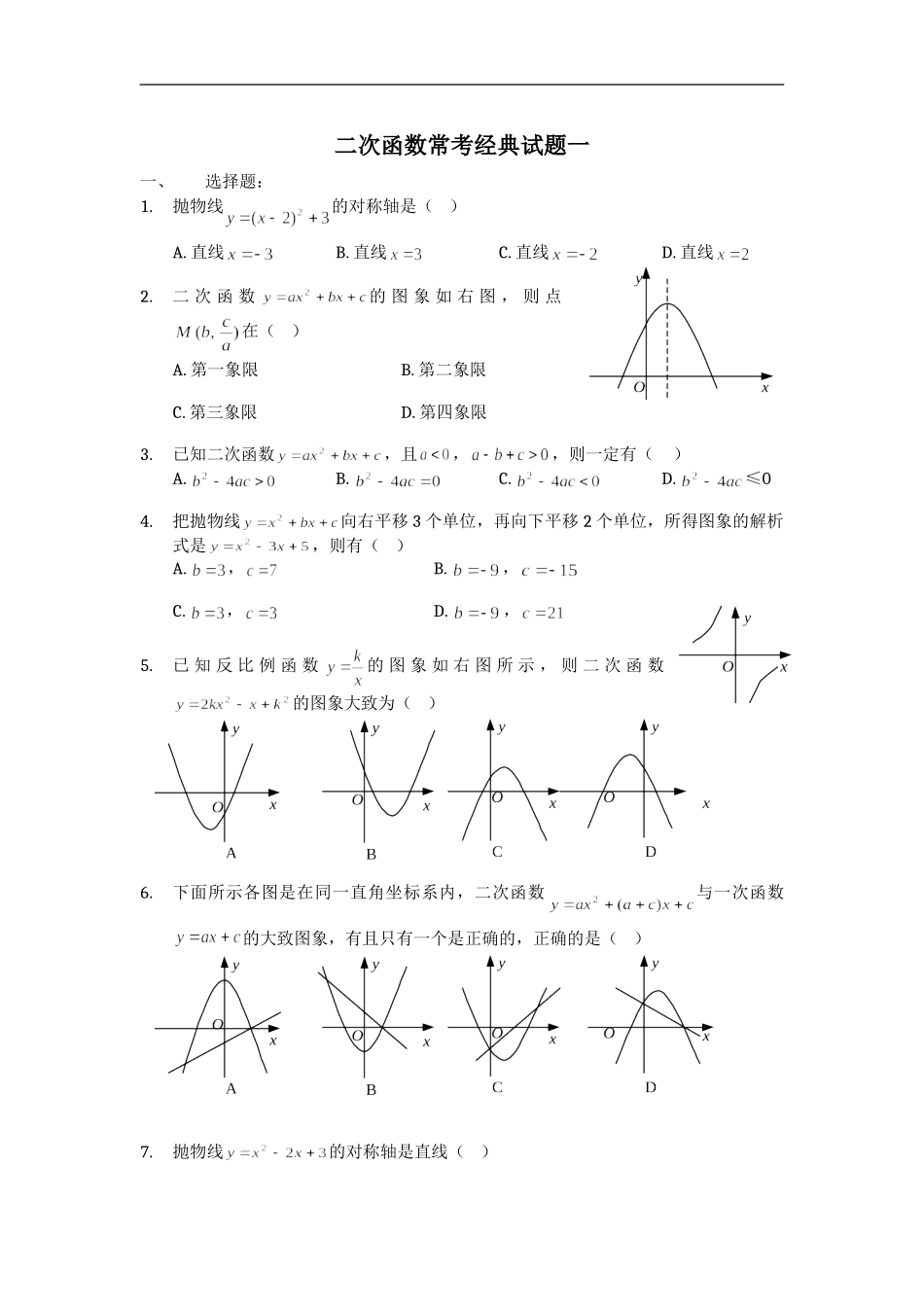 二次函数常考经典试题一_第1页