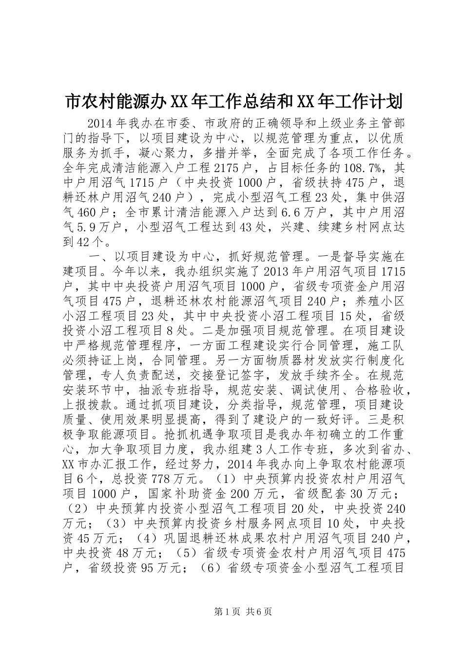 市农村能源办XX年工作总结和XX年工作计划_第1页