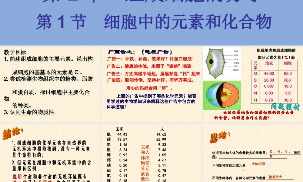 【生物】21细胞中的元素和化合物课件1（人教版必修1）