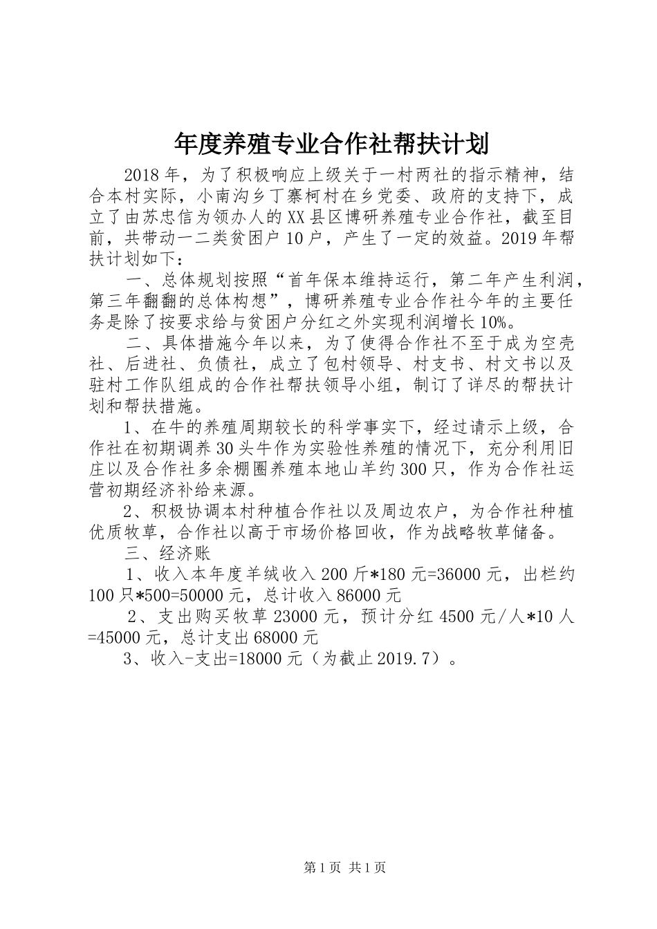 年度养殖专业合作社帮扶计划_第1页